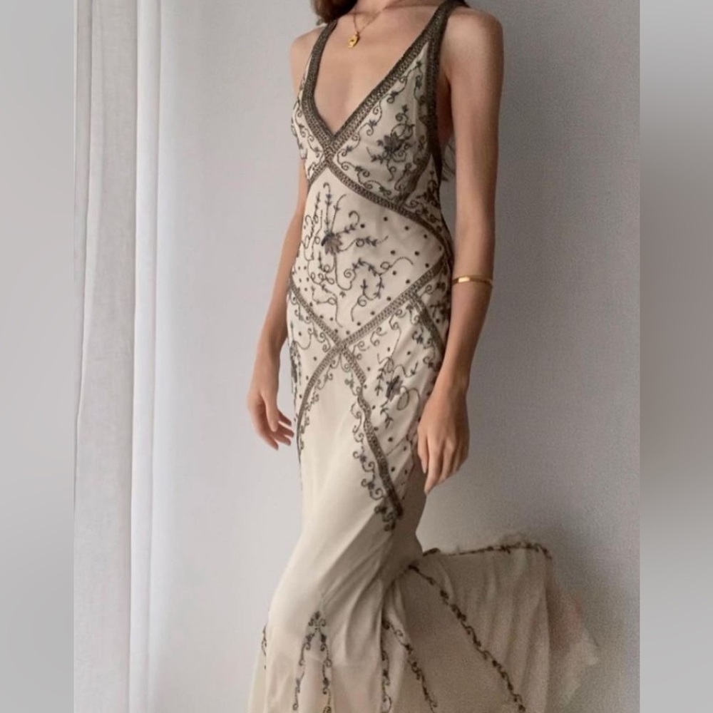 Vintage 90’s 100% Silk Beaded Dress Silk Slip Dress Backless White Gown Prom Y2K - Picture 1 of 16